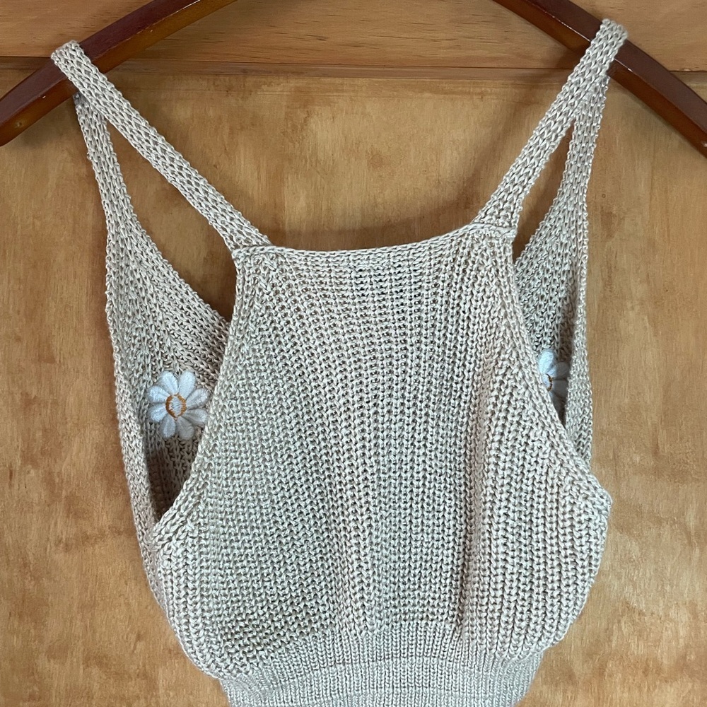 Windsor Tan Knit Crop Top with Floral Embroidery - Picture 4 of 4
